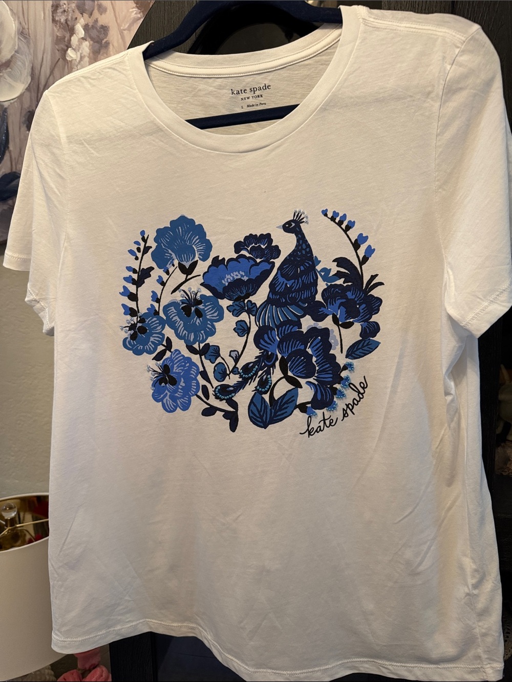 kate spade White Tee with Blue Floral and Peacock Graphic